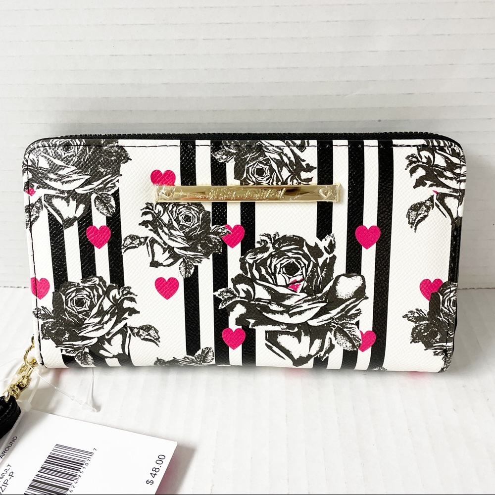 Betsey Johnson Zip Around Wallet:  White w/Black Stripes,  Roses & Pink Hearts